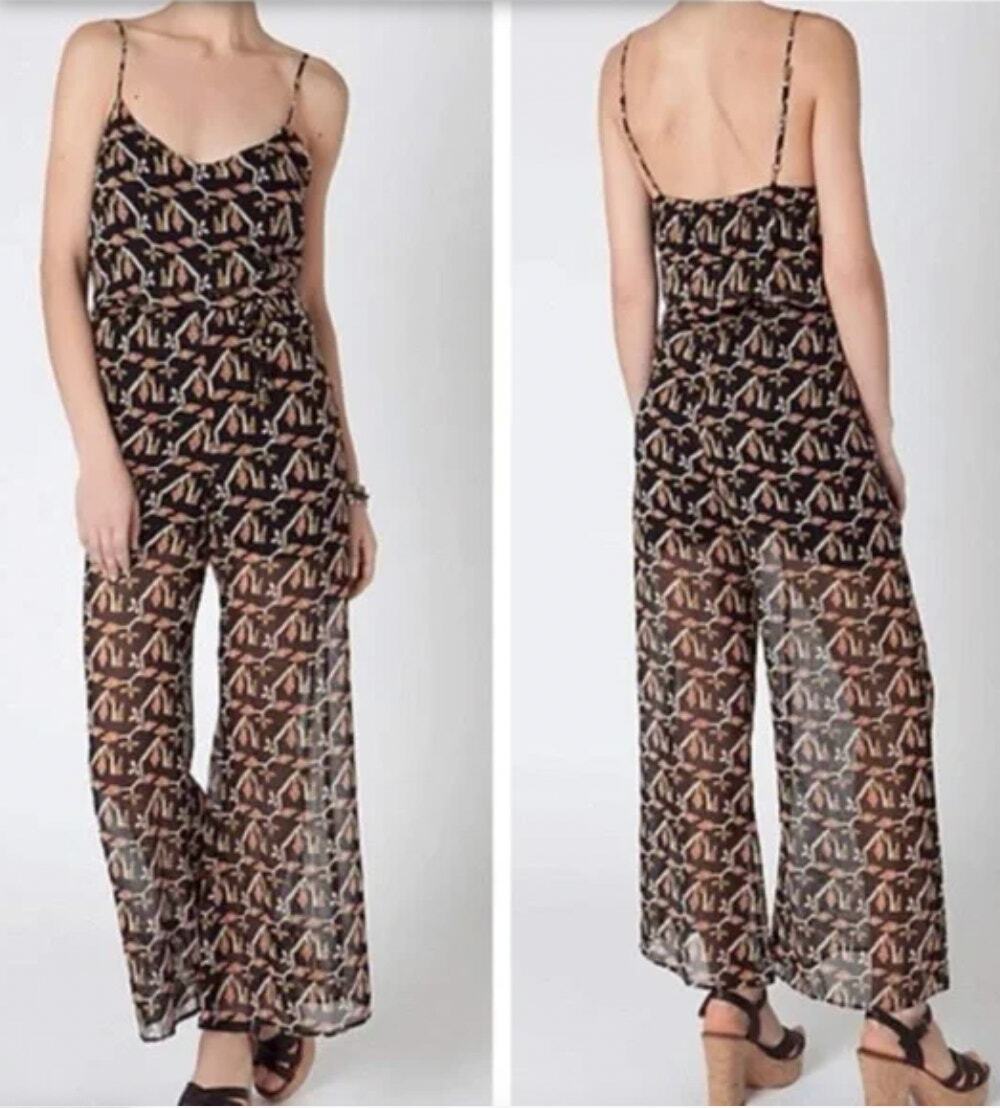 Anthropologie Dolan Black Print Silk Jumpsuit. Xsmall